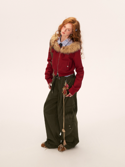 MAMC - Asymmetrical Shoulder Detachable Fur Collar Floral Jacket WE762 - RED