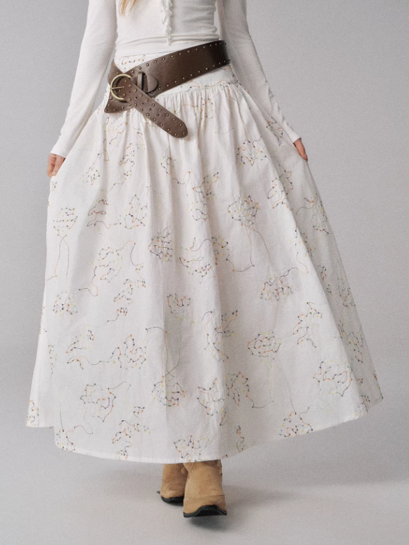 "糖果多巴胺" Color-Accented Embroidered Flared Midi Skirt (White)