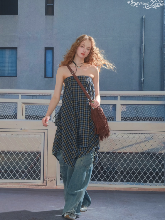 ZiziFei - Asymmetric Blue Plaid Midi Skirt – Vintage High-Waist Drawstring Hem Skirt