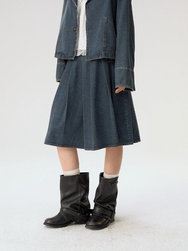 [CAN] "Wildflower Echoes" Vintage Indigo Denim Set (Jacket / Flared Pants / Midi Skirt)