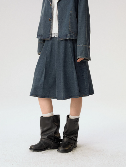 [CAN] "Wildflower Echoes" Vintage Indigo Denim Set (Jacket / Flared Pants / Midi Skirt)
