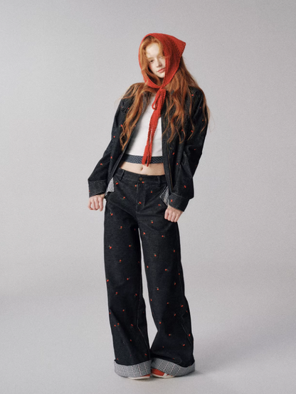 "浆果花园" Cherry Checkered Retro Jacket & Wide-Leg Pants Set