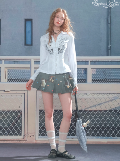 ZiziFei - White Bunny Graphic Blouse – Slim Fit Retro Y2K Long Sleeve Shirt