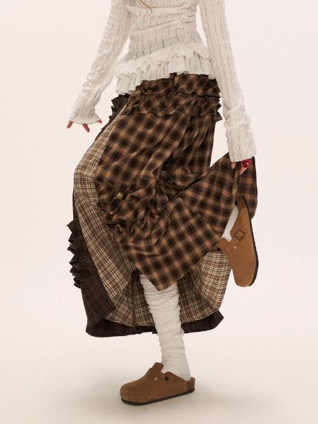 MAMC - Brown Patchwork Plaid Layered Midi Skirt WE738