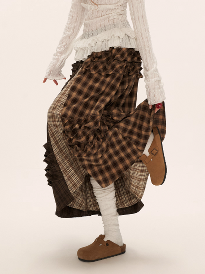 MAMC - Brown Patchwork Plaid Layered Midi Skirt WE738
