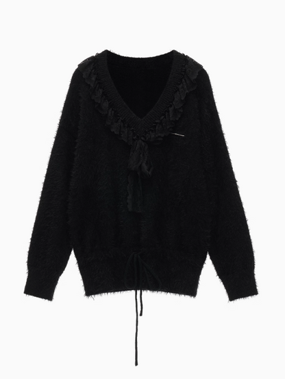 MAMC - V-Neck Ruffle Ribbon Knit Sweater