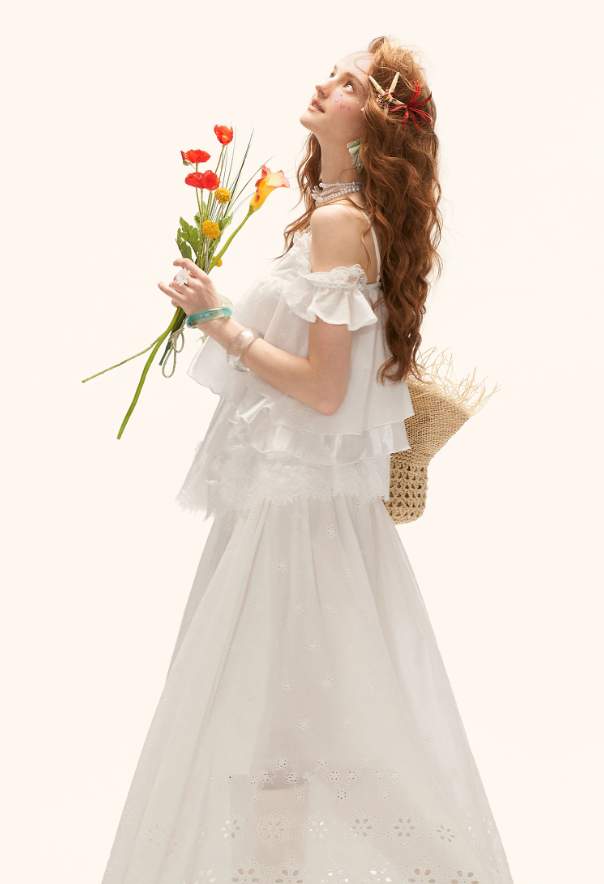 White Lace Ruffle Cami & Eyelet Maxi Skirt Set  WE991