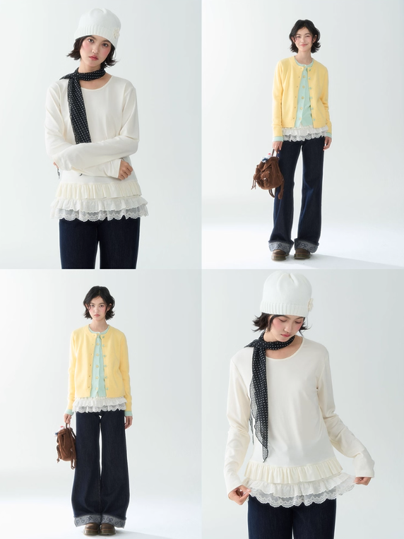 罐头士多所 - Soft Beige Layered Lace Knit Top – Feminine Fall Base Layer