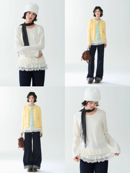 罐头士多所 - Soft Beige Layered Lace Knit Top – Feminine Fall Base Layer