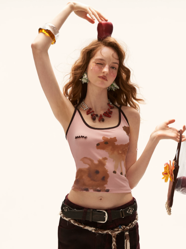 "Playful Animal Pop" Tie-Strap Cropped Camisole Top – Pink WE940