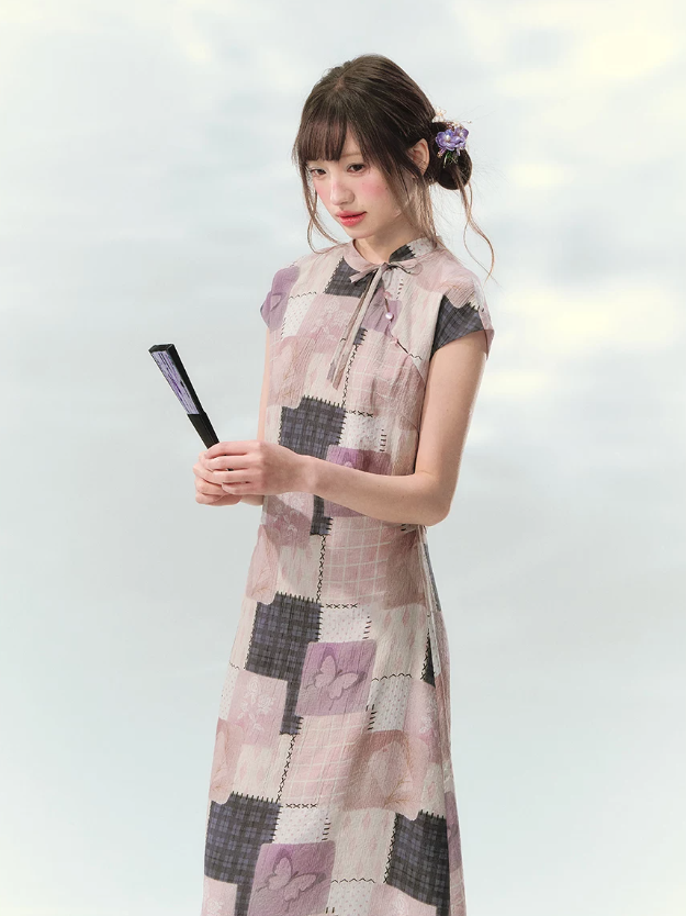 “Wisteria Poetry” Purple Patchwork Print Cheongsam Dress