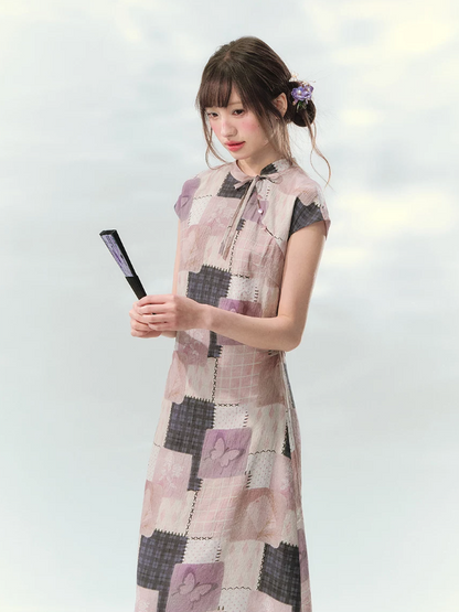 “Wisteria Poetry” Purple Patchwork Print Cheongsam Dress