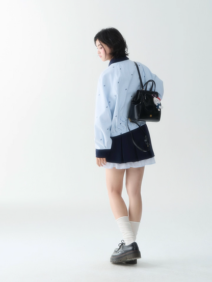 罐头士多所 - Blue Embroidered Butterfly Two-Piece Set – Preppy Contrast Collar Jacket & Skirt