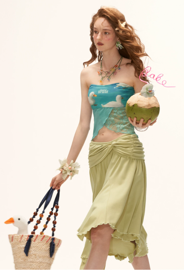 Blue Duck Print Lace Hem Tube Top WE923
