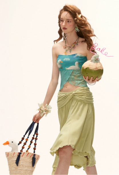 Blue Duck Print Lace Hem Tube Top WE923