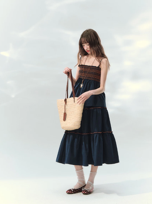 “Bohemian Travel Notes” Navy Beaded Cami & Tiered Maxi Skirt Set