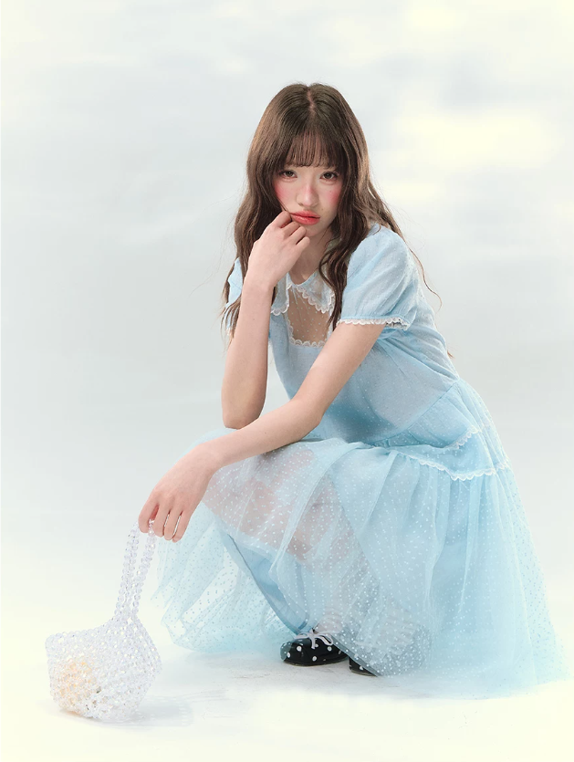 “Ice Blue Polka Dream” Blue Polka Dot Tiered Mini Dress