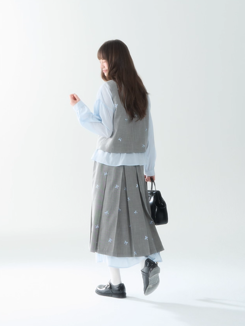 罐头士多所 - "Blue Whisper" Bow-Tie Vest Top & Pleated Skirt Set