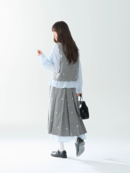 罐头士多所 - "Blue Whisper" Bow-Tie Vest Top & Pleated Skirt Set