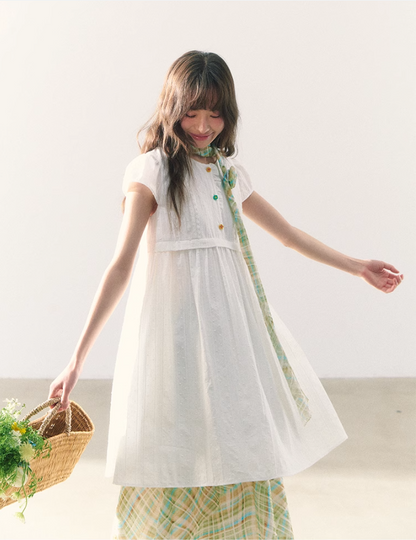 罐头粪便 - White Puff-Sleeve Dress + Forest Plaid Contrast Skirt