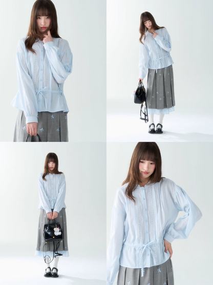 罐头士多所 - "Blue Whisper" Ruffled Collar Lace Shirt