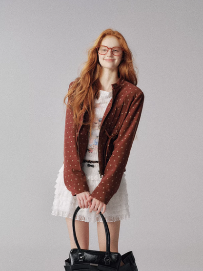"时光画布" Polka Dot Cropped Jacket with Bow Details (Deep Red)