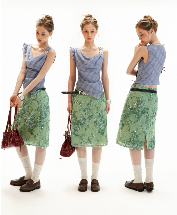 Mint Sequin Embroidered Midi Skirt