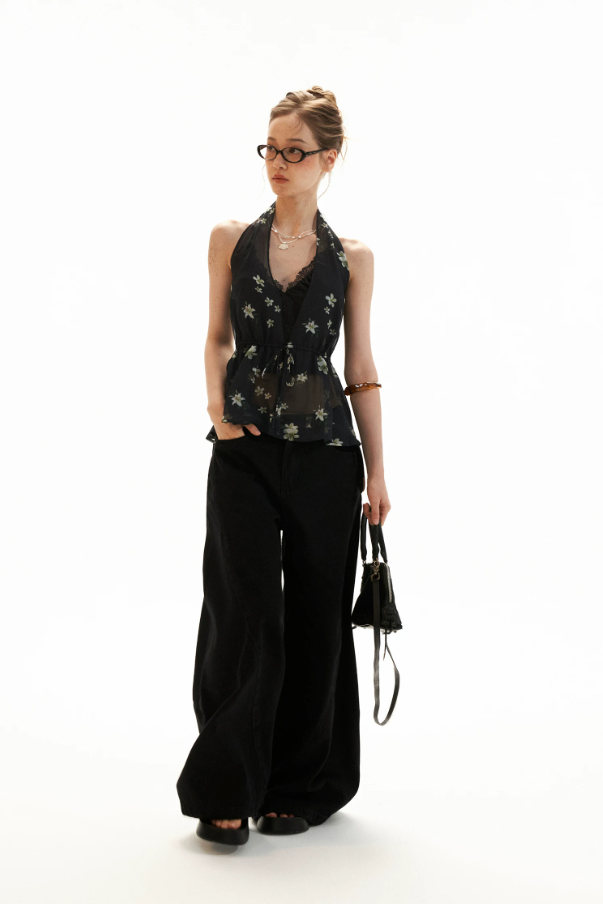 Black Vintage Floral Halter Cardigan Set