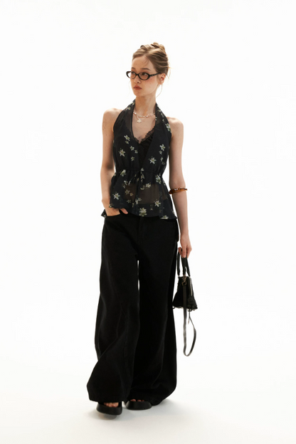 Black Vintage Floral Halter Cardigan Set