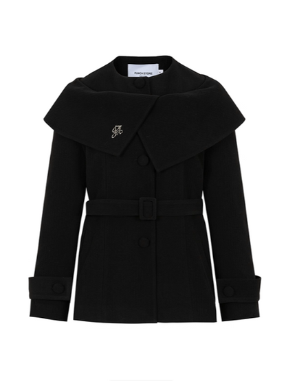 PCH - Black Wool-Blend Waist-Fit Coat with Cape Detail & High-Waist Shorts Set