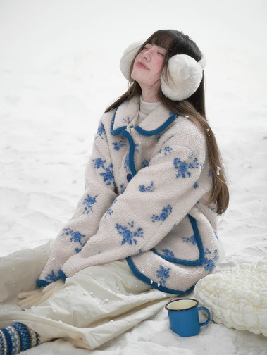 潘羅羅 - Blue Floral Imitation Lambswool Jacket