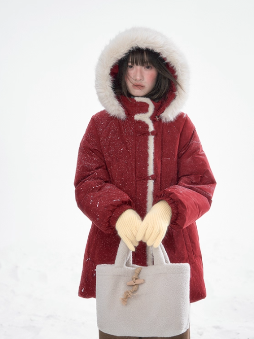 [CAN] Red Hooded 90% White Duck Down Puffer Jacket with Faux Fur Collar