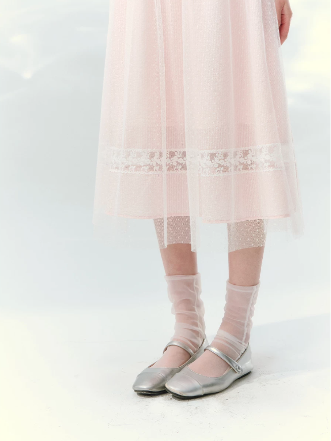 “Peach Bubble Romance” Pink Polka Dot Lace Midi Dress