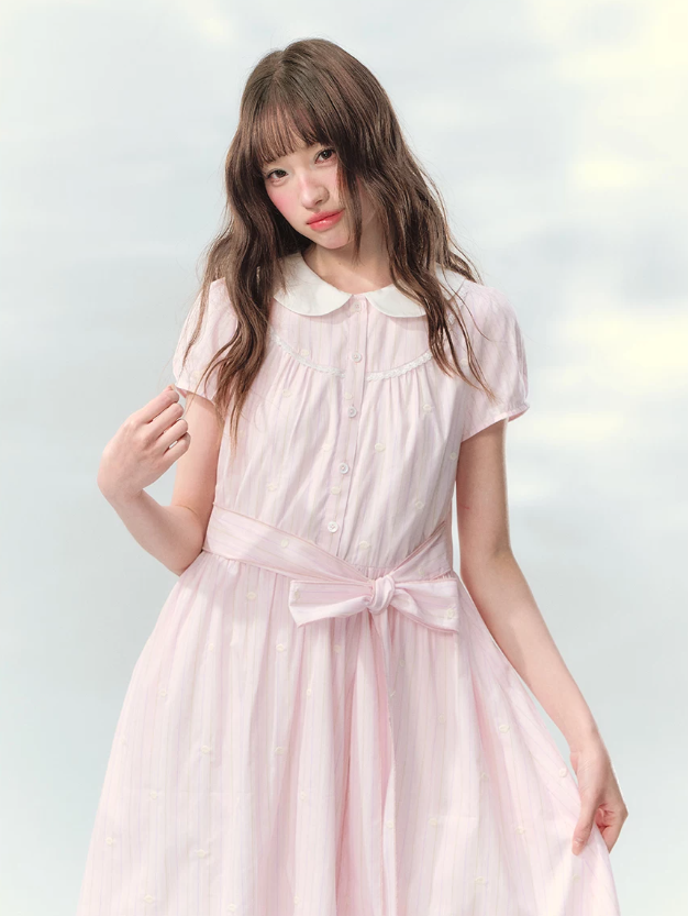 “Pink Mist Soufflé” Blush Pink Embroidered Doll Collar Dress