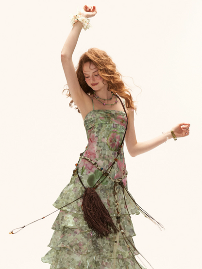 "Verdant Escape" Green Floral Strapless Maxi Dress WE922