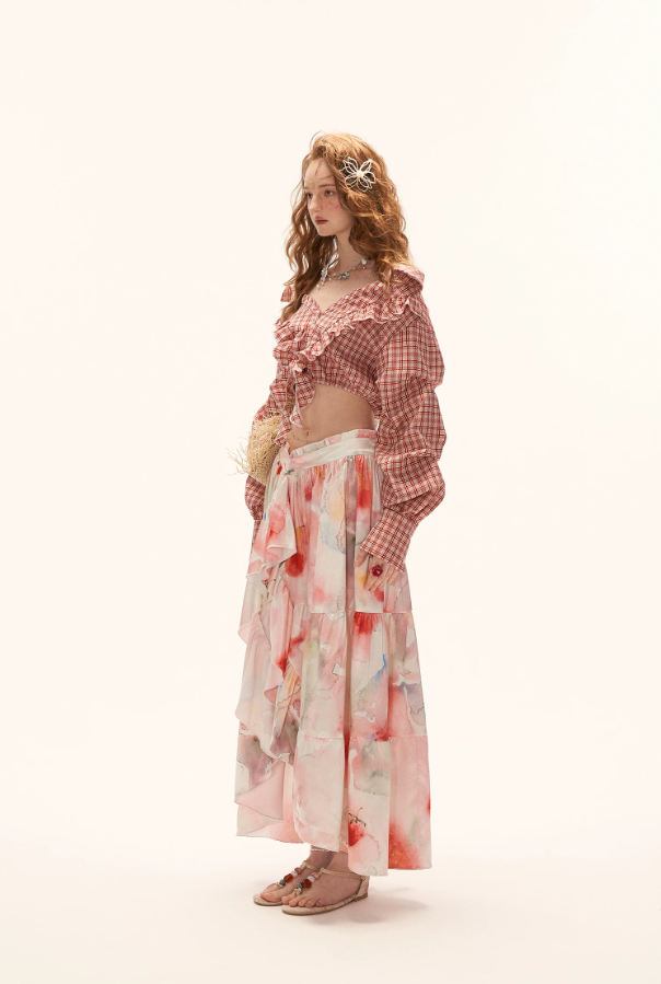 MAMC - "Watercolor Fruit Mood" Off-Shoulder Top & Ruffle Skirt Set WE945