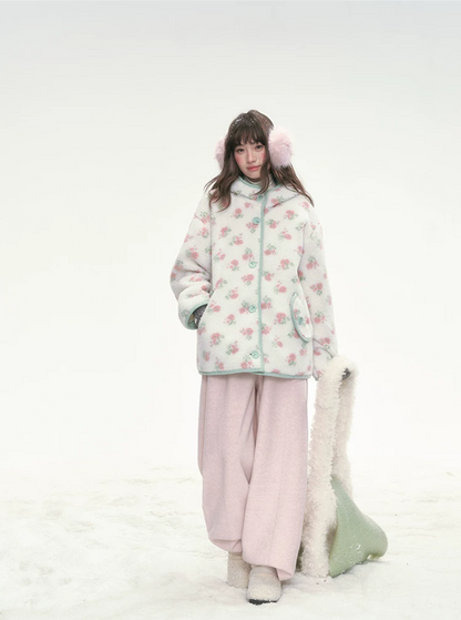 CANSTORE - Pink Floral Sherpa Hooded Jacket with Quilted Padding