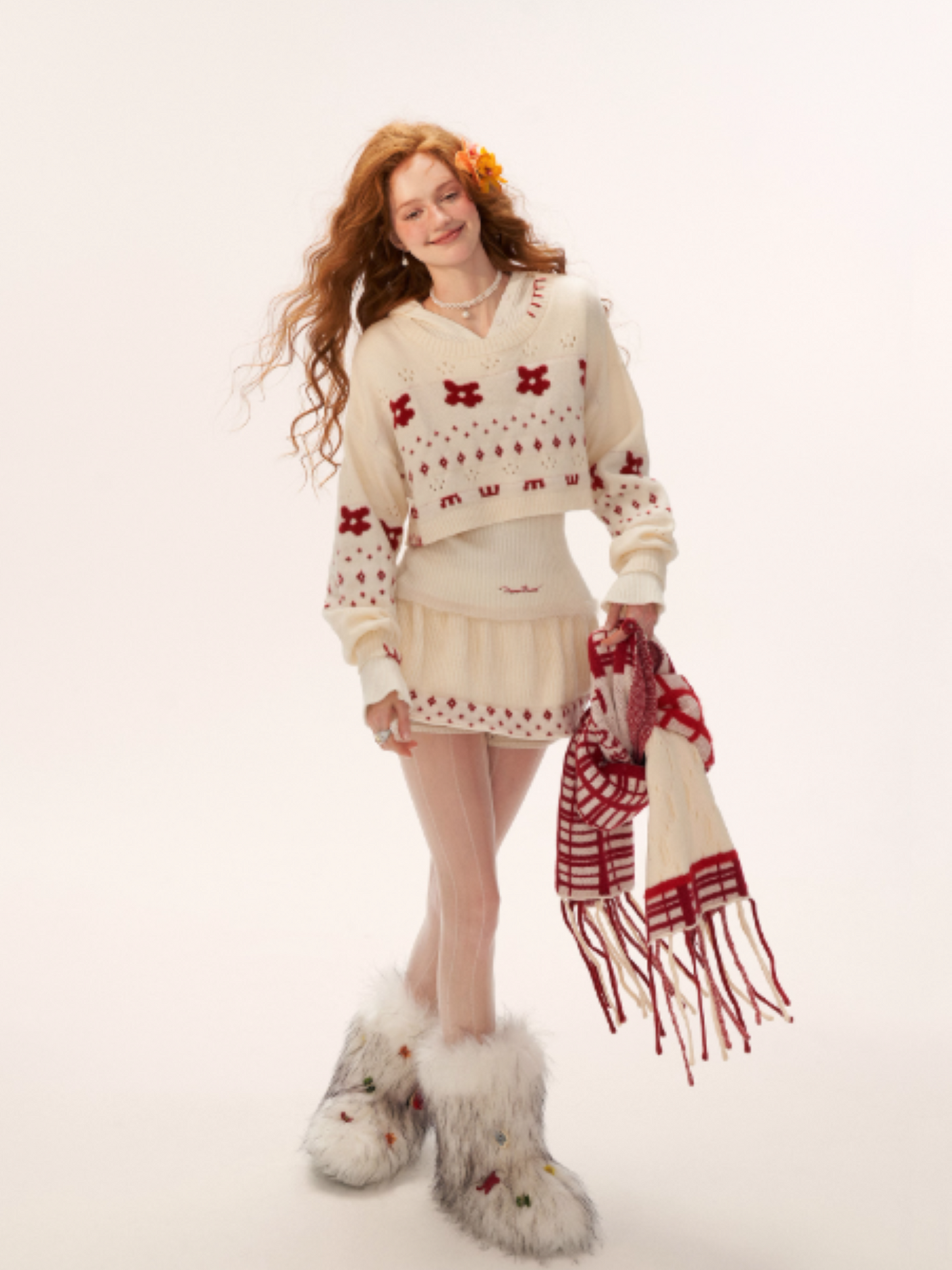 Star & Floral Knit Crop Sweater + Skort Set WE770 (Cream White)