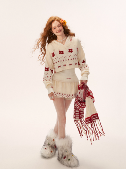 Star & Floral Knit Crop Sweater + Skort Set WE770 (Cream White)