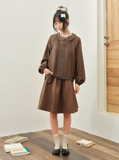 DAILY ARTIST - Coffee Brown Rose Embroidered Pleated A-Line Skirt