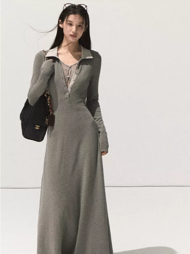 OAKMOO/ Rock Gray Shirt Collar Faux Two-Piece Knit Dress