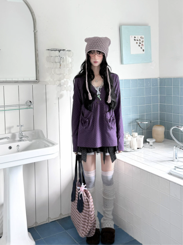 KYOUKO - Grape Purple Polka-Dot Top & Vintage Skirt Set