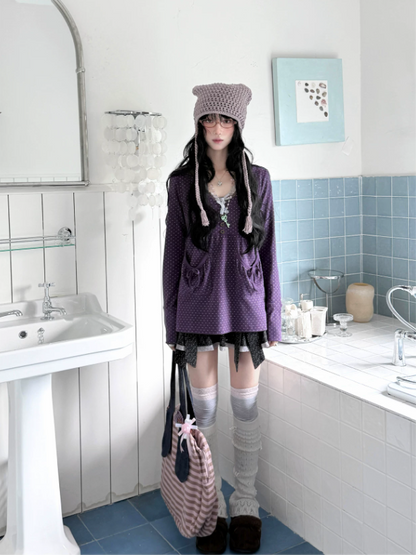 KYOUKO - Grape Purple Polka-Dot Top & Vintage Skirt Set