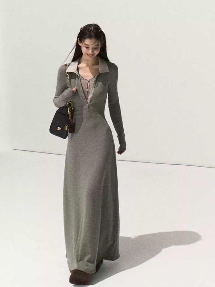 OAKMOO/ Rock Gray Shirt Collar Faux Two-Piece Knit Dress