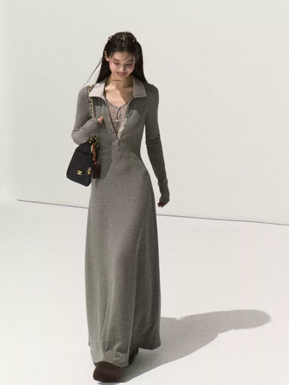 OAKMOO/ Rock Gray Shirt Collar Faux Two-Piece Knit Dress