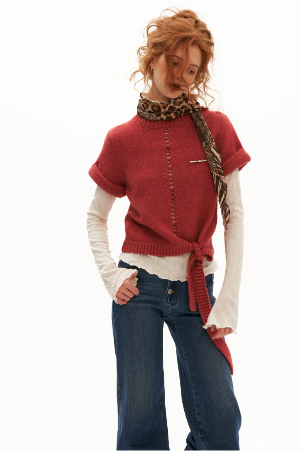 MAMC - Soft Wool-Blend Tie-Waist Cutout Knit Sweater (Red / Black)