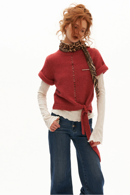 MAMC - Soft Wool-Blend Tie-Waist Cutout Knit Sweater (Red / Black)
