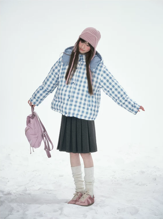 [CAN] Blue Plaid Reversible 90% White Duck Down Hooded Puffer Jacket