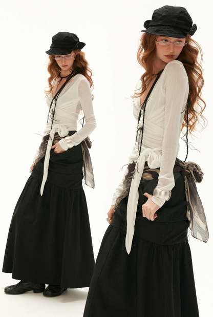 MAMC - Cloud Knit Wrap Top with Crossover Ties and Metal Claw Detail (Blue / White)