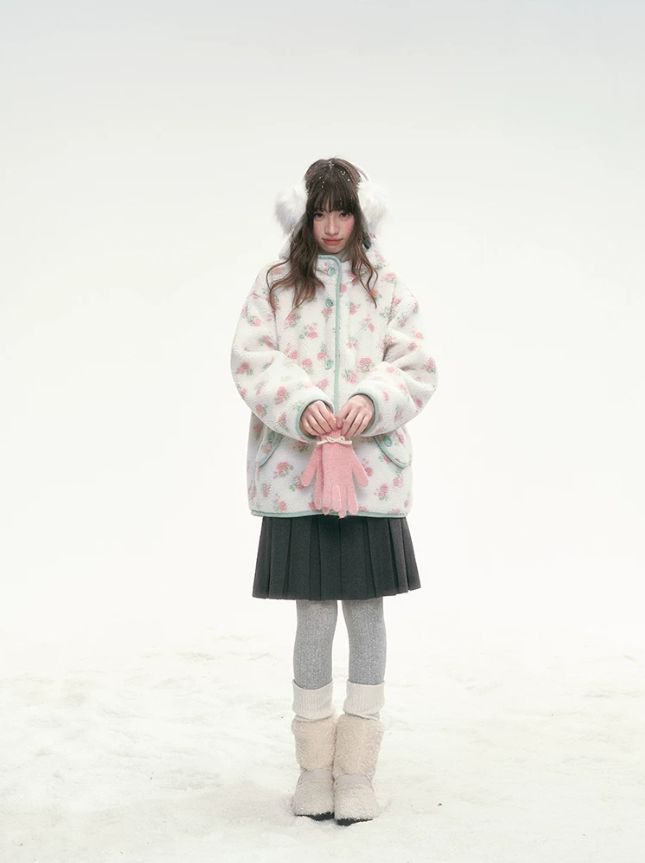 CANSTORE - Pink Floral Sherpa Hooded Jacket with Quilted Padding